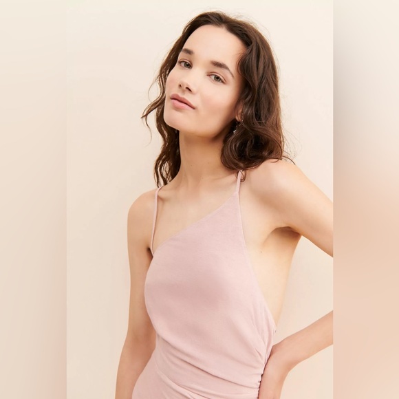 Anthropologie | Ruched Asymmetrical Linen Blend Dress in Pink Size 14 - Picture 3 of 16